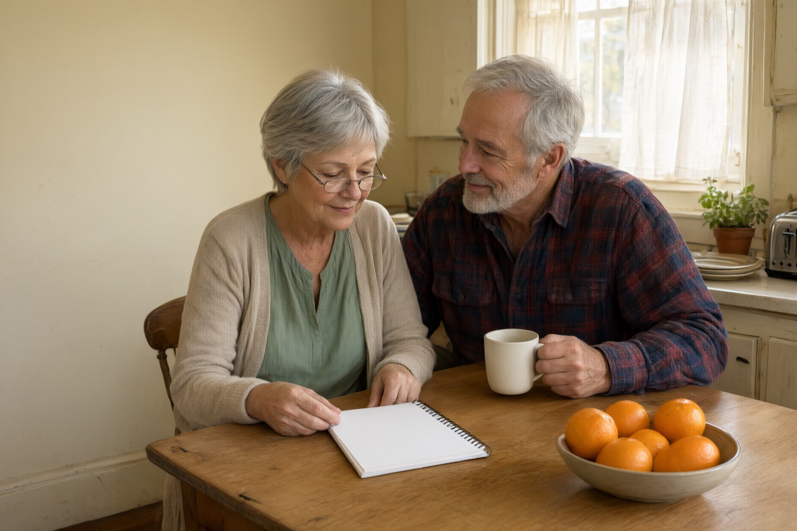 An older couple sitting together at their kitchen table with coffee and a notepad.